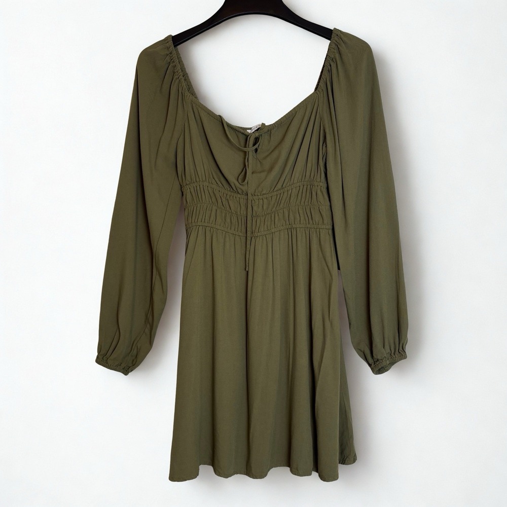 Cottage Core Mini Dress Size Small Smocked Green/Olive FairyCore Long Sleeve - Picture 2 of 9